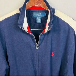 Polo Ralph Lauren Navy Track Jacket with Cream Sleeve Stripes – Size L